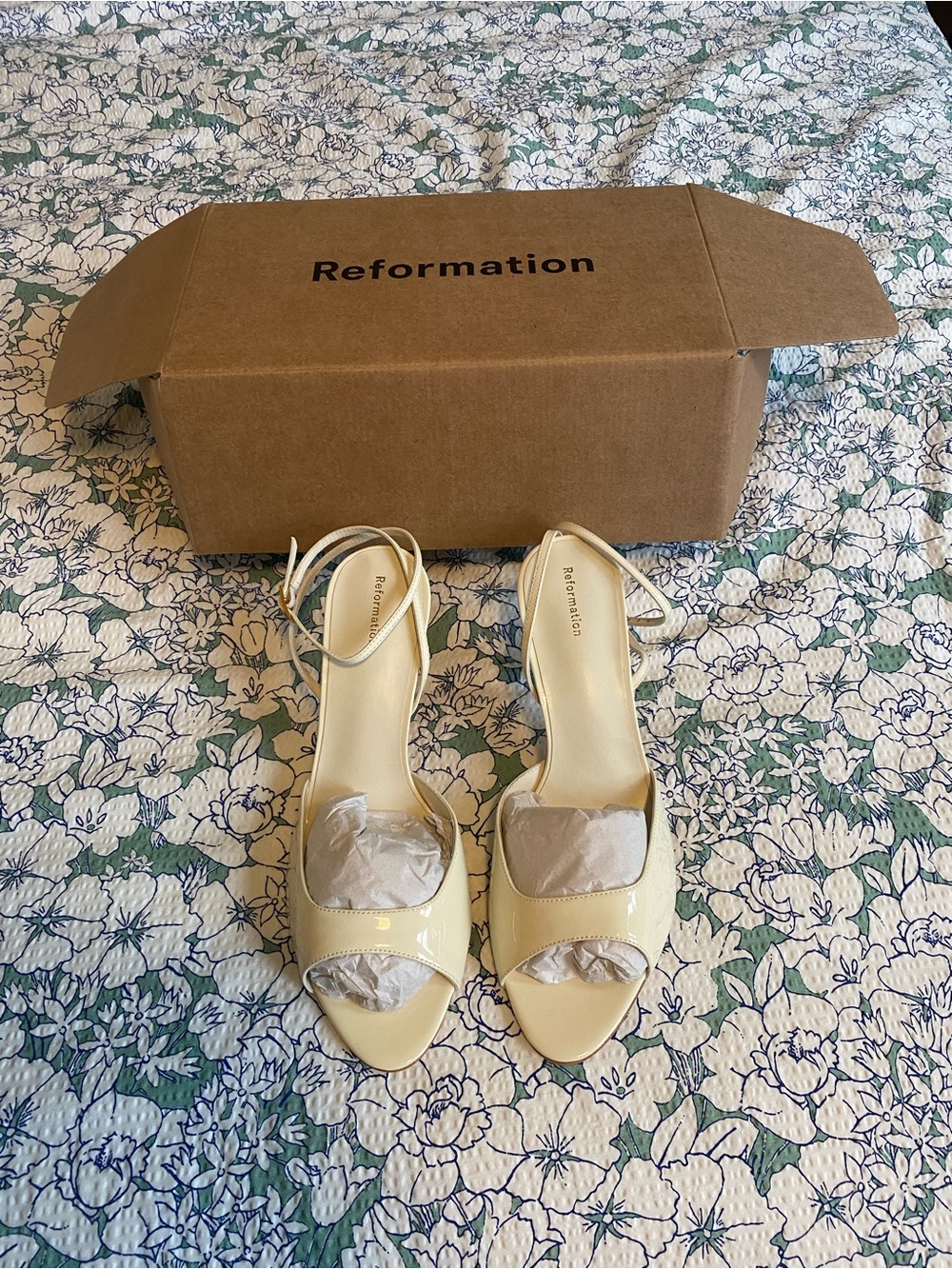 Reformation Ivory Patent Leather Noey Open-Toe Slingback Heels